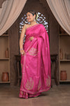 Bengal Gatha ~ Handloom Tussar Silk Saree with Floral Hand Embroidery in Pink