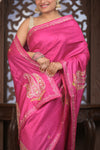 Bengal Gatha ~ Handloom Tussar Silk Saree with Floral Hand Embroidery in Pink