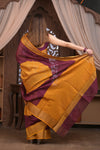 Bengal Gatha ~ Designer Chanderi Cotton Silk Saree with Digital Bandhani Print in Maroon and Yellow