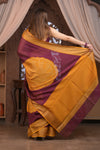 Bengal Gatha ~ Designer Chanderi Cotton Silk Saree with Digital Bandhani Print in Maroon and Yellow
