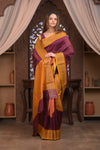 Bengal Gatha ~ Designer Chanderi Cotton Silk Saree with Digital Bandhani Print in Maroon and Yellow