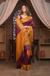 Bengal Gatha ~ Designer Chanderi Cotton Silk Saree with Digital Bandhani Print in Maroon and Yellow