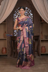 Bengal Gatha ~ Handloom Tussar Silk Saree with Digital Print in Midnight Blue
