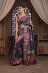 Bengal Gatha ~ Handloom Tussar Silk Saree with Digital Print in Midnight Blue