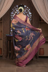 Bengal Gatha ~ Handloom Tussar Silk Saree with Digital Print in Midnight Blue