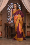 Bengal Gatha ~ Designer Chanderi Cotton Silk Saree with Digital Bandhani Print in Maroon and Yellow