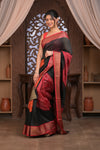 Bengal Gatha ~ Designer Chanderi Cotton Silk Saree with Digital Bandhani Print in Black and Red