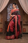 Bengal Gatha ~ Designer Chanderi Cotton Silk Saree with Digital Bandhani Print in Black and Red