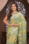 Bengal Gatha ~ Designer Chanderi Cotton Silk Saree with Hexagon Pattern in Green and Yellow