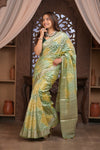 Bengal Gatha ~ Designer Chanderi Cotton Silk Saree with Hexagon Pattern in Green and Yellow