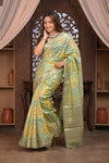 Bengal Gatha ~ Designer Chanderi Cotton Silk Saree with Hexagon Pattern in Green and Yellow