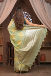 Bengal Gatha ~ Designer Chanderi Cotton Silk Saree with Hexagon Pattern in Green and Yellow