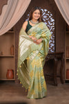 Bengal Gatha ~ Designer Chanderi Cotton Silk Saree with Hexagon Pattern in Green and Yellow
