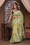 Bengal Gatha ~ Designer Chanderi Cotton Silk Saree with Hexagon Pattern in Green and Yellow