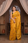 Bengal Gatha ~ Handloom Tussar Silk Saree with Handwoven Kantha Work in Mustard Yellow