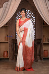 Kashi ~ Handloom Banarasi Khaddi Georgette Silk Saree in White Red (Silk Mark Certified)