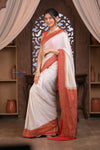 Kashi ~ Handloom Banarasi Khaddi Georgette Silk Saree in White Red (Silk Mark Certified)