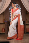 Kashi ~ Handloom Banarasi Khaddi Georgette Silk Saree in White Red (Silk Mark Certified)