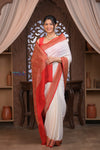 Kashi ~ Handloom Banarasi Khaddi Georgette Silk Saree in White Red (Silk Mark Certified)