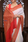 Kashi ~ Handloom Banarasi Khaddi Georgette Silk Saree in White Red (Silk Mark Certified)