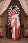 Kashi ~ Handloom Banarasi Khaddi Georgette Silk Saree in White Red (Silk Mark Certified)