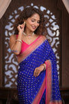 Kashi ~ Handloom Banarasi Khaddi Georgette Silk Crepe Saree in Marine Blue and Pink (Silk Mark Certified)