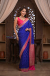 Kashi ~ Handloom Banarasi Khaddi Georgette Silk Crepe Saree in Marine Blue and Pink (Silk Mark Certified)