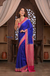 Kashi ~ Handloom Banarasi Khaddi Georgette Silk Crepe Saree in Marine Blue and Pink (Silk Mark Certified)