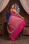 Kashi ~ Handloom Banarasi Khaddi Georgette Silk Crepe Saree in Marine Blue and Pink (Silk Mark Certified)