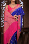 Kashi ~ Handloom Banarasi Khaddi Georgette Silk Crepe Saree in Marine Blue and Pink (Silk Mark Certified)