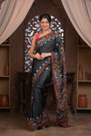 Bengal Gatha ~ Exclusive! Handloom Tussar Silk Saree with Handwoven Intricate Kantha Work in Black