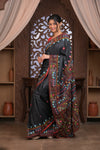 Bengal Gatha ~ Exclusive! Handloom Tussar Silk Saree with Handwoven Intricate Kantha Work in Black