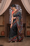 Bengal Gatha ~ Exclusive! Handloom Tussar Silk Saree with Handwoven Intricate Kantha Work in Black
