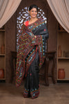 Bengal Gatha ~ Exclusive! Handloom Tussar Silk Saree with Handwoven Intricate Kantha Work in Black
