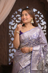 Bengal Gatha ~ Designer Chanderi Cotton Silk Saree with Quadrant Pattern in Purplish Grey