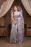 Bengal Gatha ~ Designer Chanderi Cotton Silk Saree with Quadrant Pattern in Purplish Grey