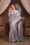 Bengal Gatha ~ Designer Chanderi Cotton Silk Saree with Quadrant Pattern in Purplish Grey