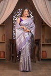 Bengal Gatha ~ Designer Chanderi Cotton Silk Saree with Quadrant Pattern in Purplish Grey