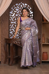 Bengal Gatha ~ Designer Chanderi Cotton Silk Saree with Quadrant Pattern in Purplish Grey