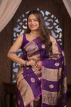 Kashi ~ Handloom Pure Tissue Silk Kora Saree in Purple Gold with PaIsley Buttis (Silk Mark Certified)