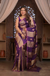 Kashi ~ Handloom Pure Tissue Silk Kora Saree in Purple Gold with PaIsley Buttis (Silk Mark Certified)