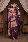 Kashi ~ Handloom Pure Tissue Silk Kora Saree in Purple Gold with PaIsley Buttis (Silk Mark Certified)