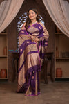 Kashi ~ Handloom Pure Tissue Silk Kora Saree in Purple Gold with PaIsley Buttis (Silk Mark Certified)
