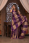 Kashi ~ Handloom Pure Tissue Silk Kora Saree in Purple Gold with PaIsley Buttis (Silk Mark Certified)
