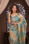 Kashi ~ Handloom Pure Tissue Silk Kora Saree in Blue Gold with PaIsley Buttis (Silk Mark Certified)
