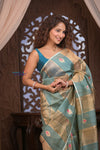 Kashi ~ Handloom Pure Tissue Silk Kora Saree in Blue Gold with PaIsley Buttis (Silk Mark Certified)