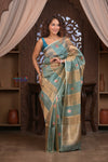 Kashi ~ Handloom Pure Tissue Silk Kora Saree in Blue Gold with PaIsley Buttis (Silk Mark Certified)