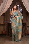 Kashi ~ Handloom Pure Tissue Silk Kora Saree in Blue Gold with PaIsley Buttis (Silk Mark Certified)