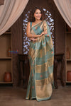 Kashi ~ Handloom Pure Tissue Silk Kora Saree in Blue Gold with PaIsley Buttis (Silk Mark Certified)
