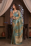 Kashi ~ Handloom Pure Tissue Silk Kora Saree in Blue Gold with PaIsley Buttis (Silk Mark Certified)
